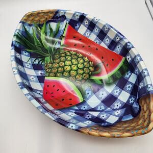 Large Fruit Serving Picnic Bowl Pineapple Watermelon Plastic Oval Vintage 1960s